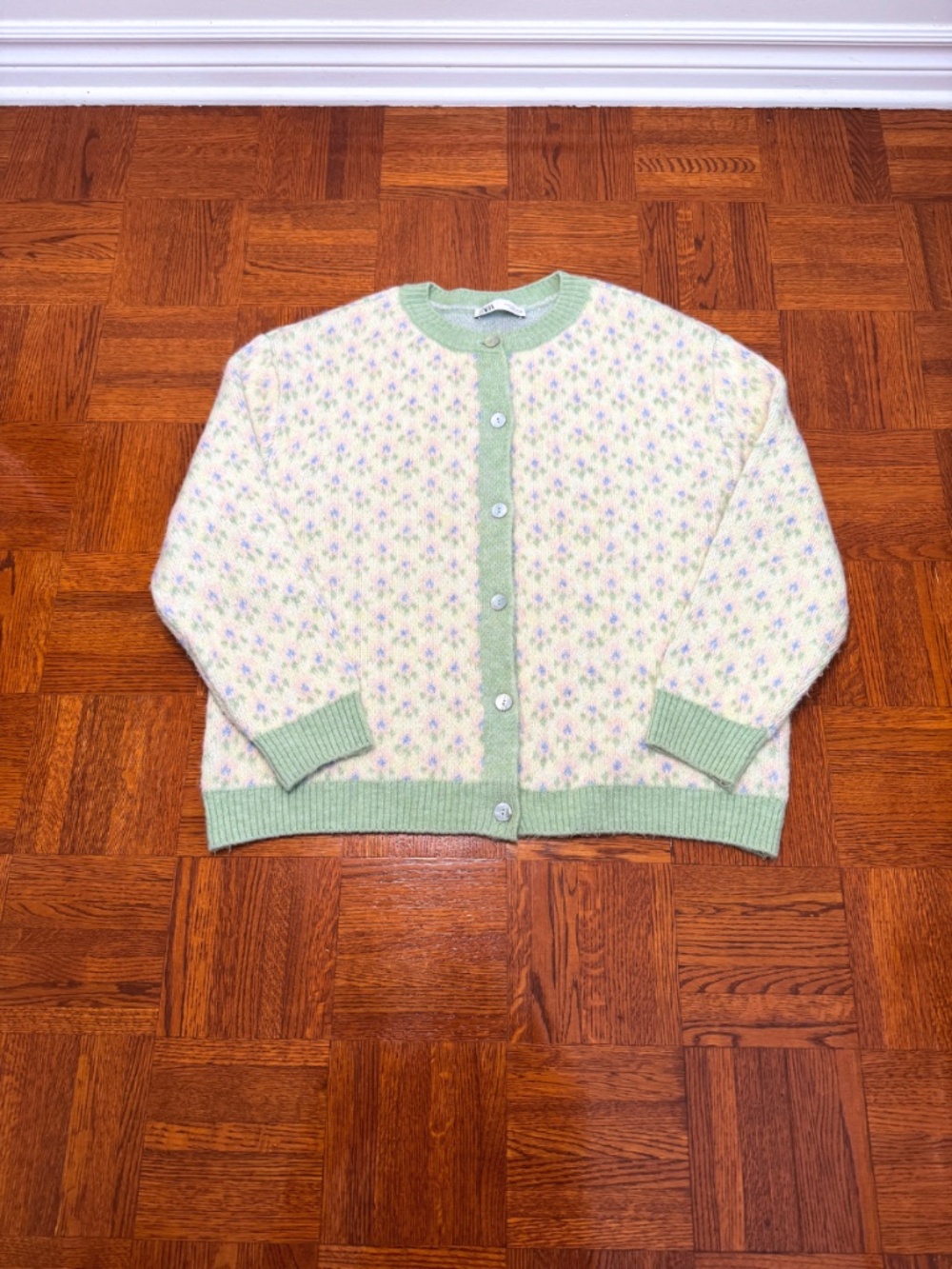 Zara Cream & Mint Flower Print Button Up Cardigan M